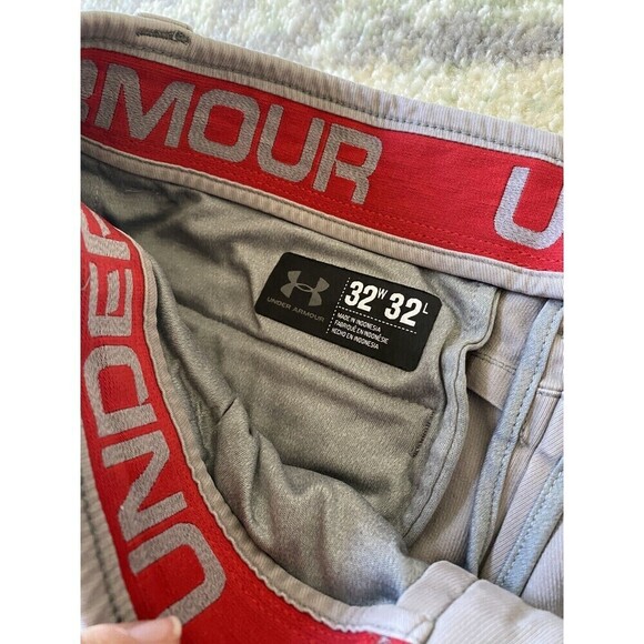 Under Armour UA Golf Tapered Pants Men's 32x32 Tan Lightweight Red Waistband - Picture 2 of 10